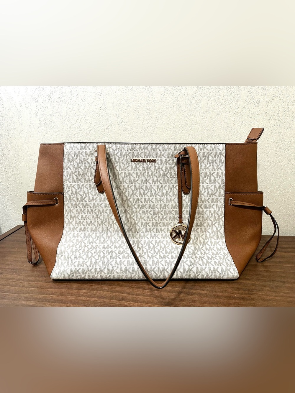 Michael Kors Vanilla and Brown Signature Gilly MK Travel Tote